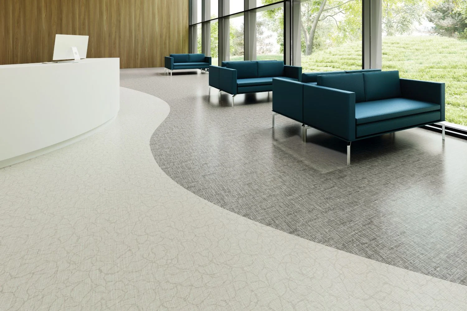 Sheet vinyl flooring in a reception and seating area